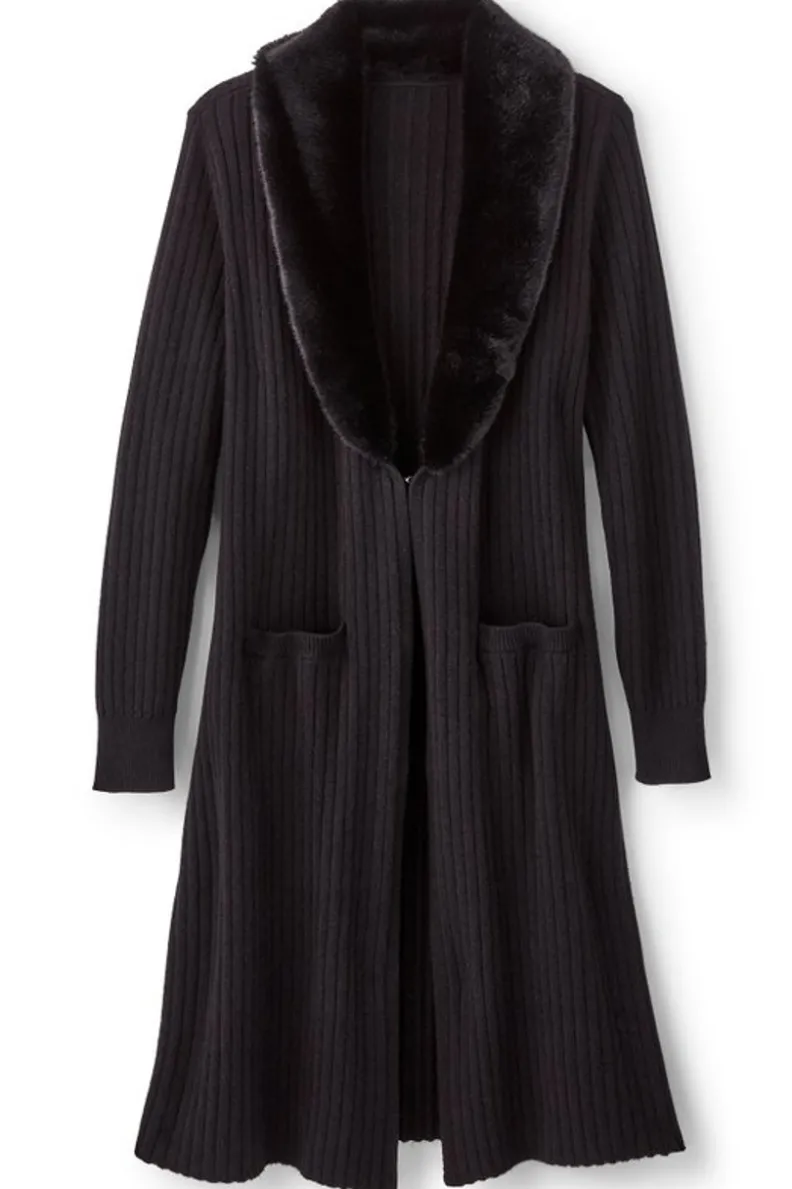Soft Surroundings Amalie Faux Fur Collar Ribbed Cardigan| Sweaters & Cardigans