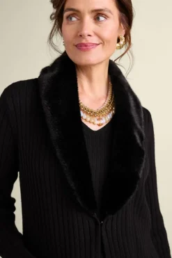 Soft Surroundings Amalie Faux Fur Collar Ribbed Cardigan| Sweaters & Cardigans
