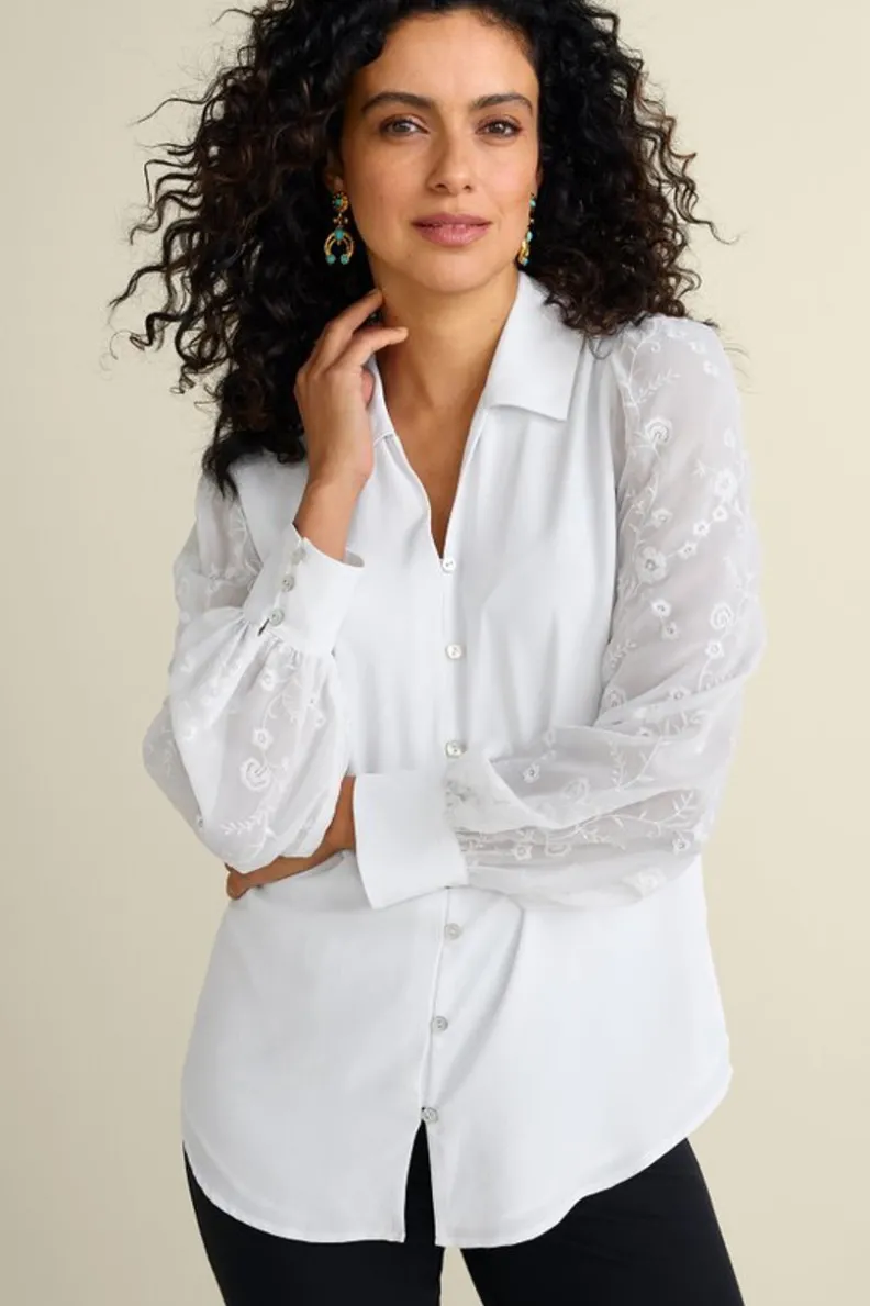 Soft Surroundings Calathea Embroidered Sleeve Shirt| Tops