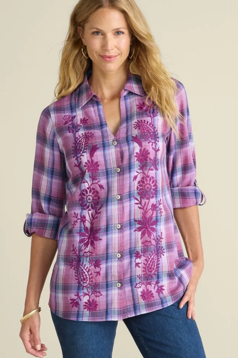 Soft Surroundings Gracie Embroidered Plaid Big Shirt| Tops
