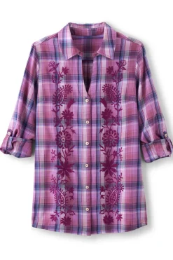 Soft Surroundings Gracie Embroidered Plaid Big Shirt| Tops