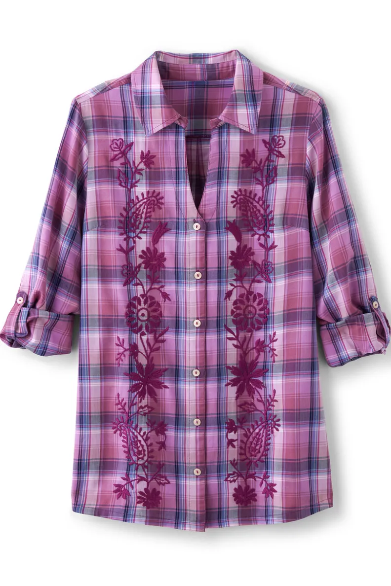 Soft Surroundings Gracie Embroidered Plaid Big Shirt| Tops