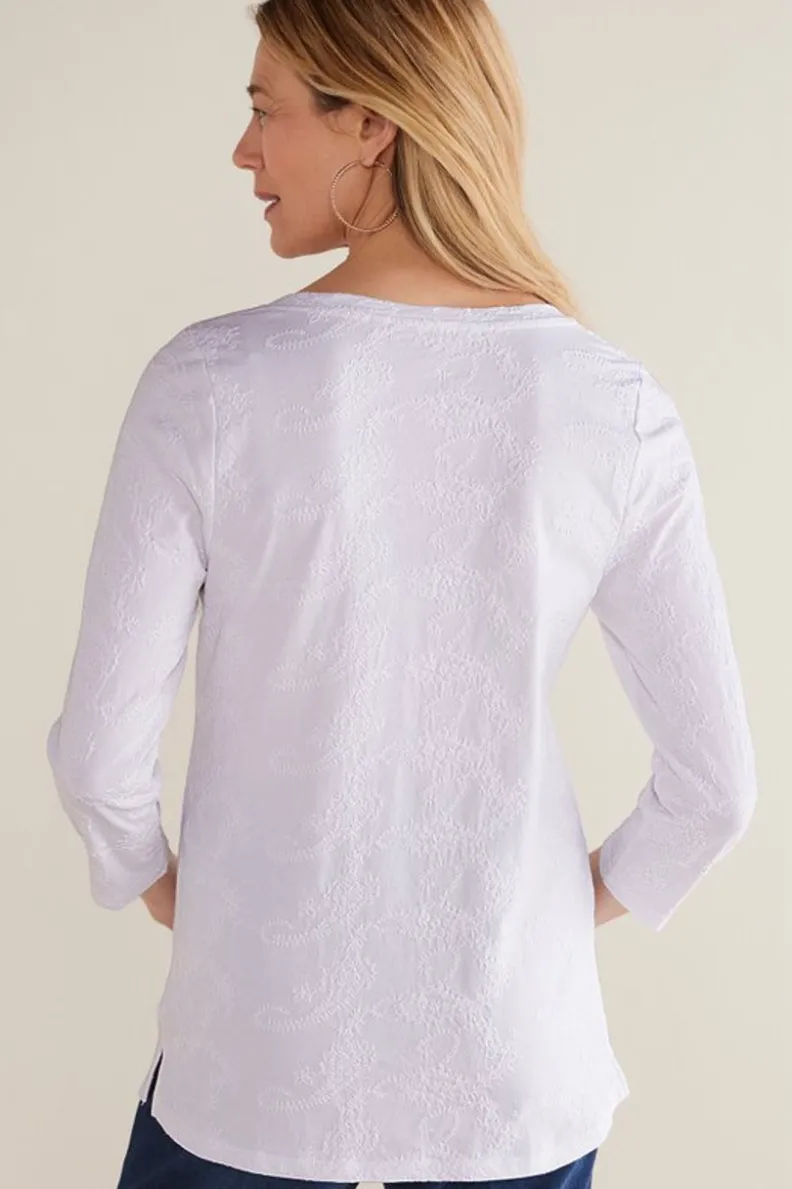 Soft Surroundings Linnea Embroidered 3/4 Sleeve Tee| Tops