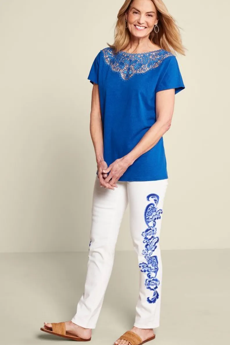 Soft Surroundings Luella Linen Blend Lace Tee| Tops