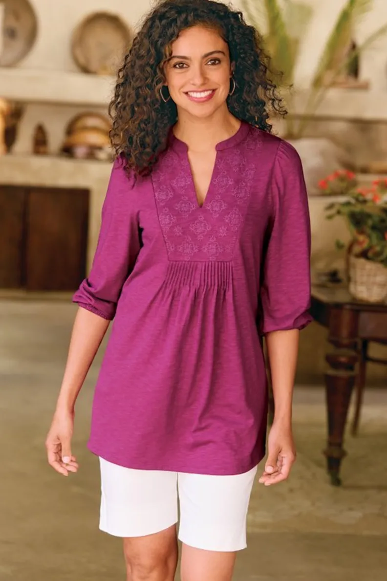 Soft Surroundings Mikaela Embroidered 3/4 Sleeve Tunic| Tops|Tunics & Leggings