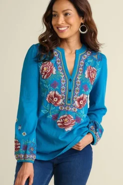 Soft Surroundings Riva Embroidered Knit Gauze Top| Tops