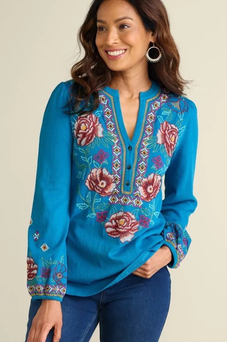 Soft Surroundings Riva Embroidered Knit Gauze Top| Tops