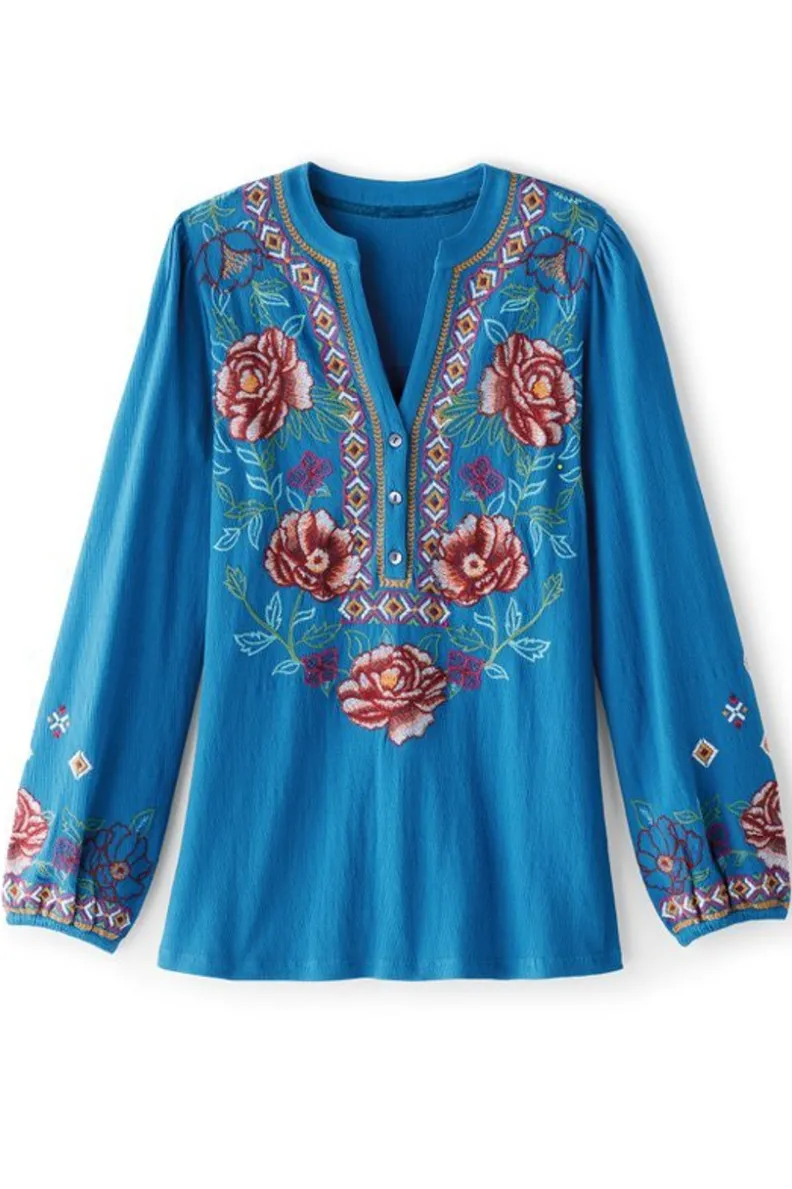 Soft Surroundings Riva Embroidered Knit Gauze Top| Tops